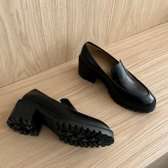 FLATTERED | Saga Black Leather Chunk Lug Sole Heeled Loafers | Sz 10 - Picture 3 of 16